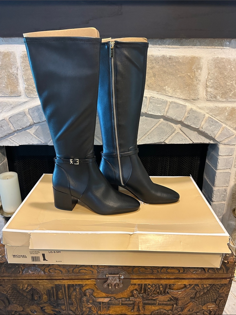 Michael Kors Black Ella Block Heel Faux Leather Knee-High Boots